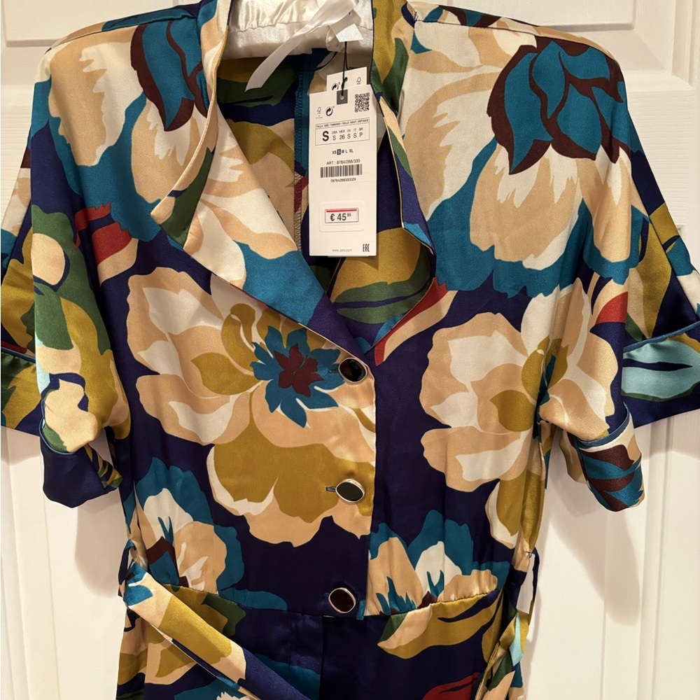 Zara Floral Jumpsuit in Navy, Teal, Mustard & Cream small